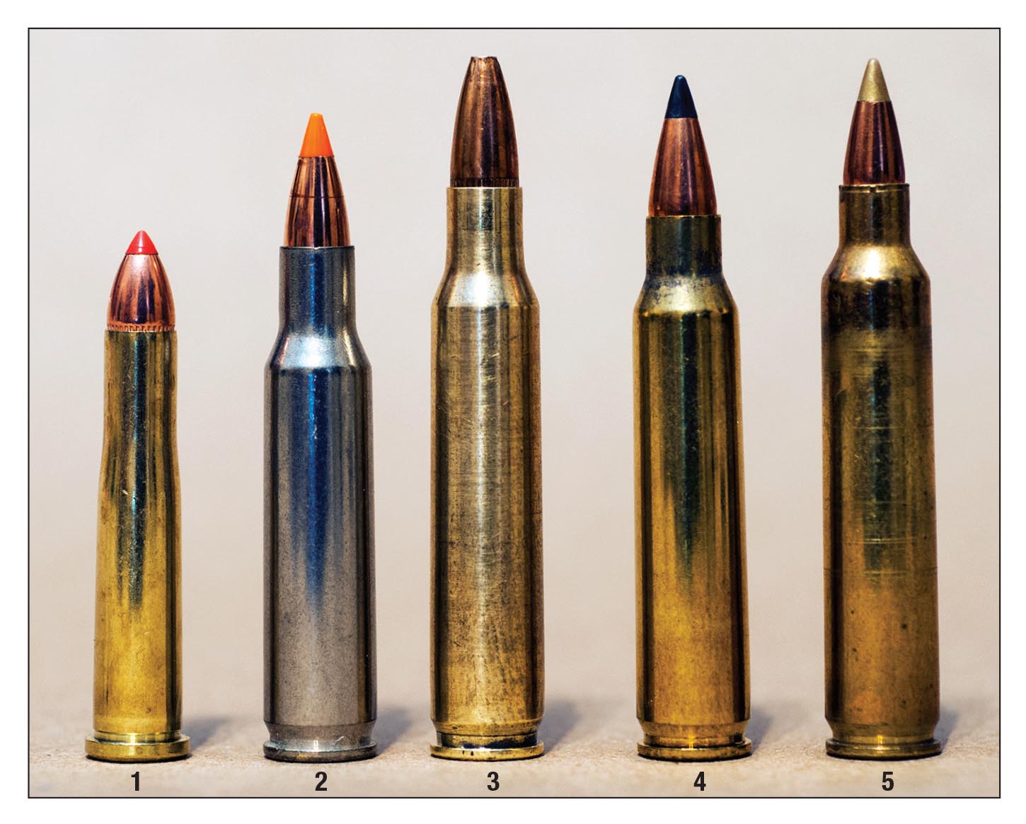 The (1) .22 Hornet was somewhat displaced by the (2) .222 Remington that was later used to create the (3) .222 Remington Magnum, (4) .223 Remington and the (5) .204 Ruger. The .222 was also the primary case design for the .17 Remington and .17 and .221 Remington Fireball cartridges. Other variations include the .25-45 Sharps, the .300 Whisper/Blackout and assorted wildcats.